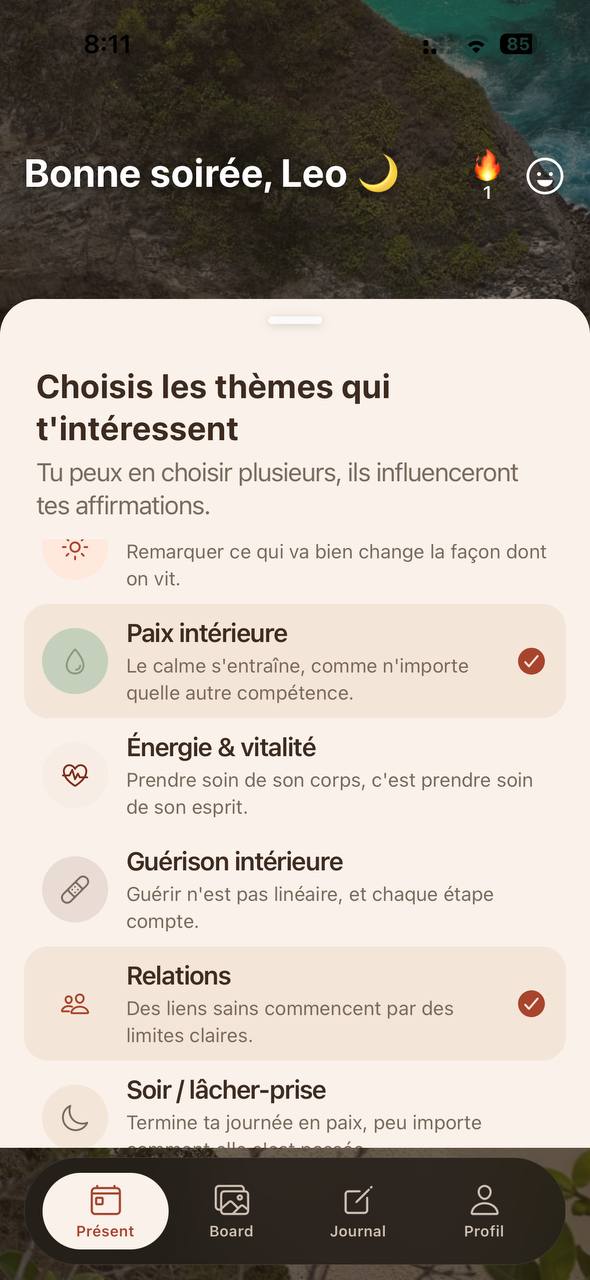 Ecran de selection des themes qui influencent les affirmations