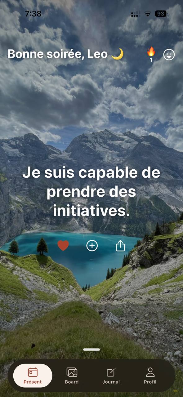 Ecran Present d'Aura affichant l'affirmation « Je suis capable de prendre des initiatives »